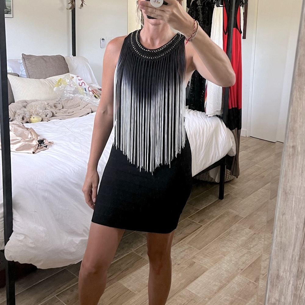 Bodycon ombré fringe Bebe mini dress